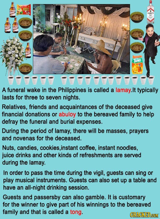 TANG A funeral wake in the Philippines is called a lamay. It typically lasts for three to seven nights. Relatives, friends and acquaintances of the de