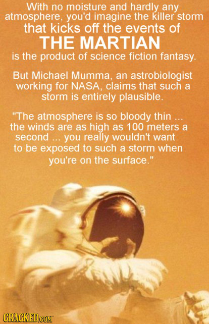 With no moisture and hardly any atmosphere, you'd imagine the killer storm that kicks off the events of THE MARTIAN is the product of science fiction