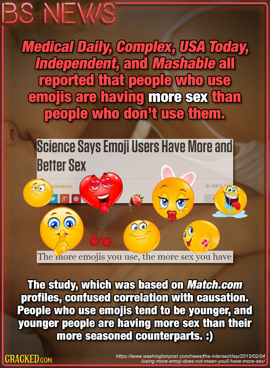 BS NEVS Medical Daily, Complex, USA Today, independent, and Mashable all reported that people who use emojis are having more sex than people who don't