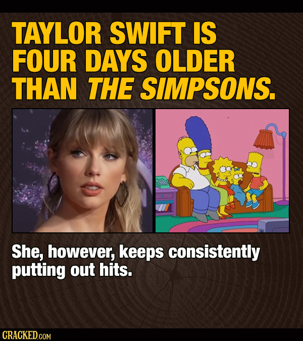 TAYLOR SWIFT IS FOUR DAYS OLDER THAN THE SIMPSONS. She, however, keeps consistently putting out hits. CRACKED.COM 