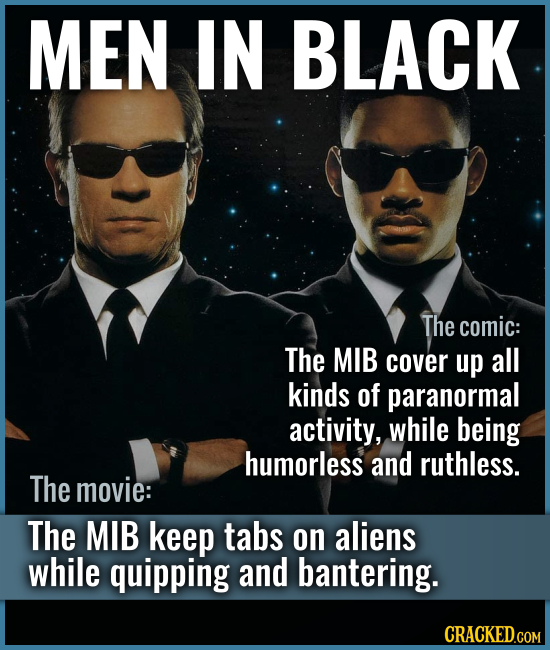 MEN IN BLACK The comic: The MIB cover up all kinds of paranormal activity, while being humorless and ruthless. The movie: The MIB keep tabs on aliens