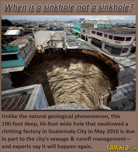 When is a sinkhole not a sinkhole? Unlike the natural geological phenomenon, this 100-foot deep, 66-foot wide hole that swallowed a clothing factory i