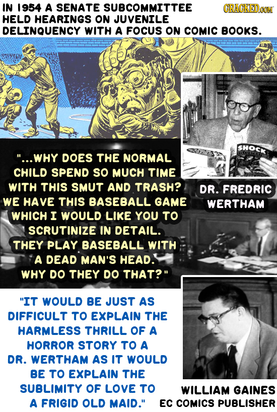 IN 1954 A SENATE SUBCOMMITTEE HELD HEARINGS ON JUVENILE DELINQUENCY WITH A FOCUS ON COMIC BOOKS. SHOCK ...WHY DOES THE NORMAL CHILD SPEND so MUCH TIM