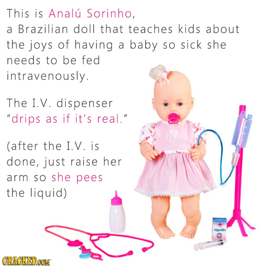 This is Analu Sorinho, a Brazilian doll that teaches kids about the joys of having a baby SO sick she needs to be fed intravenously. The I.V. dispense