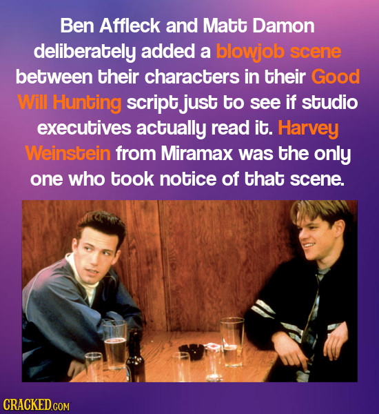 Ben Affleck and Matt Damon deliberately added a blowjob Scene between their characters in their Good Will Hunting script just to see if studio executi