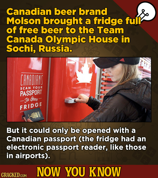 Now You Know: 13 Facts That’ll Exert The Old Cerebellum
- Canadian beer brand Molson brought a fridge full of free beer