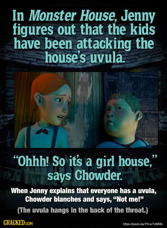 In Monster House, Jenny figures out that the kids have been attacking the house's uvula. Ohhh! So it's a girl house, says Chowder. When Jenny explai