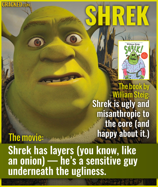 SHREK The book by William Steig: Shrek is ugly and misanthropic to the core (and happy about it.) The movie: Shrek has l