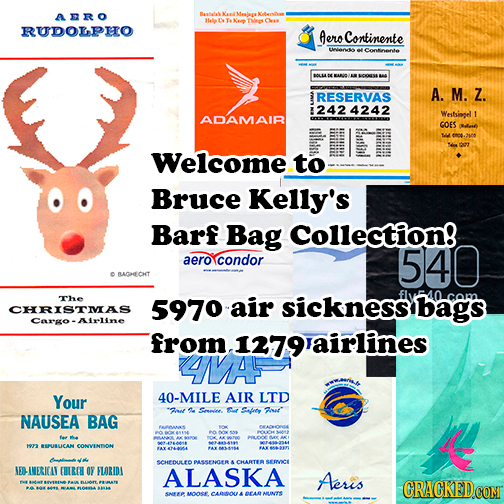AERO atlak Meia T RUDORPERO fero Continente EN elcontnene M. RESERVAS A. Z. 242 4242 Westingel ADAMAIR COES Welcome. to Bruce Kelly's Barf Bag Collect