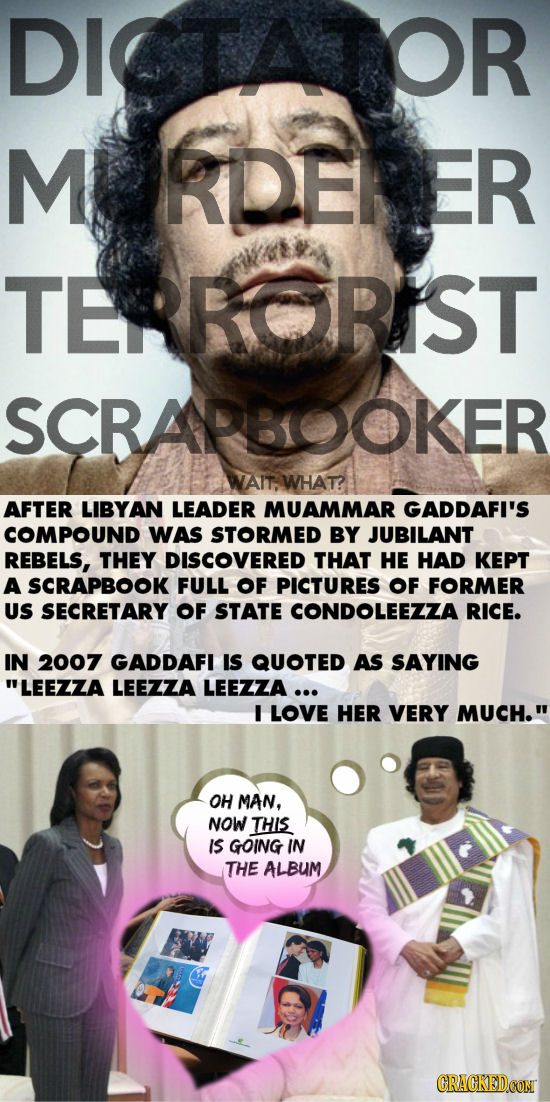 DICTATOR M KIDERER TERRORIST SCRAPHOOKER WAITWHAT? AFTER LIBYAN LEADER MUAMMAR GADDAFI'S COMPOUND WAS STORMED BY JUBILANT REBELS, THEY DISCOVERED THAT