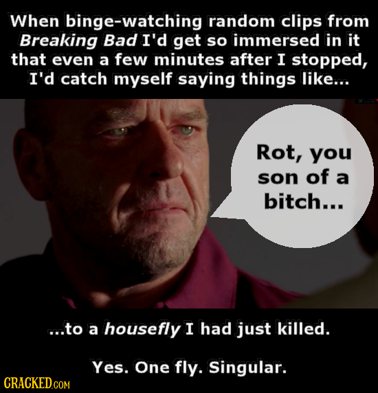 When binge-watching random clips from Breaking Bad I'd get so immersed in it that even a few minutes after I stopped, I'd catch myself saying things l