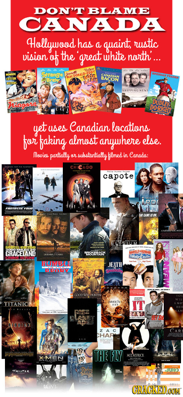 DON'TBLAME CANADA Hollywood has quaint rustic a vision of the great white north'... Serenee CANADLAN COTTEN BACON NN DUDe niagara DORIGHT yet uses Can