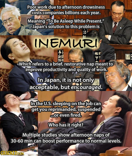 Poor work due to afternoon drowsiness costs companies billions each year. Meaning To Be Asleep While Present, Japan's solution to this problem is IN