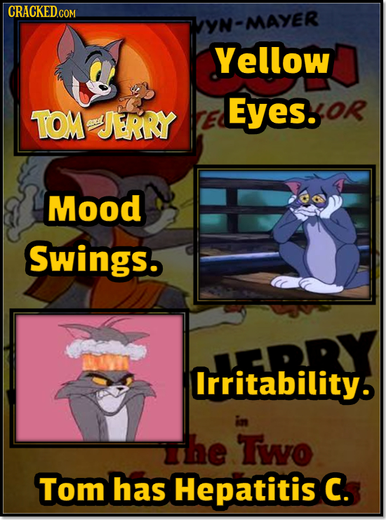 CRACKED COM VYN MAYER Yellow TOM JERRY Eyes. CE aud Mood Swings. RRY Irritability. in The Two Tom has Hepatitis C.