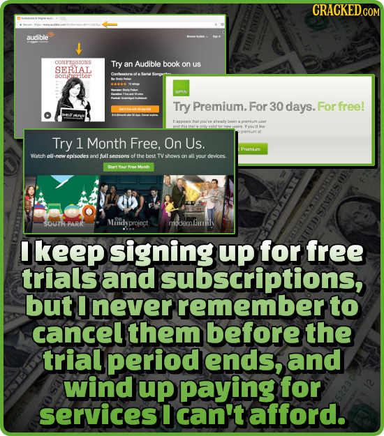 audible ONPESSTONS Try an Audible book on us SERIAL SODGUMr Comei Try Premium. For 30 days. For free! E het Lon pvMma Try 1 Month Free, On Us. tPremiu