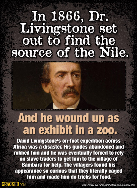 In 1866, Dr. Livingstone set out to find the source of the Nile. And he wound up as an exhibit in a Z0O. David Livingstone's on-foot expedition across