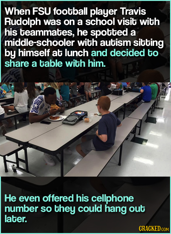 When FSU football player Travis Rudolph was on a school visit with his teammates, he spotted a middle-schooler with autism sitting by himself at lunch