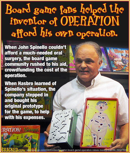 Board game fans helped the inventor of OPERATION a fford his own opcration. When John Spinello couldn't afford magic a much-needed oral surgery, the b