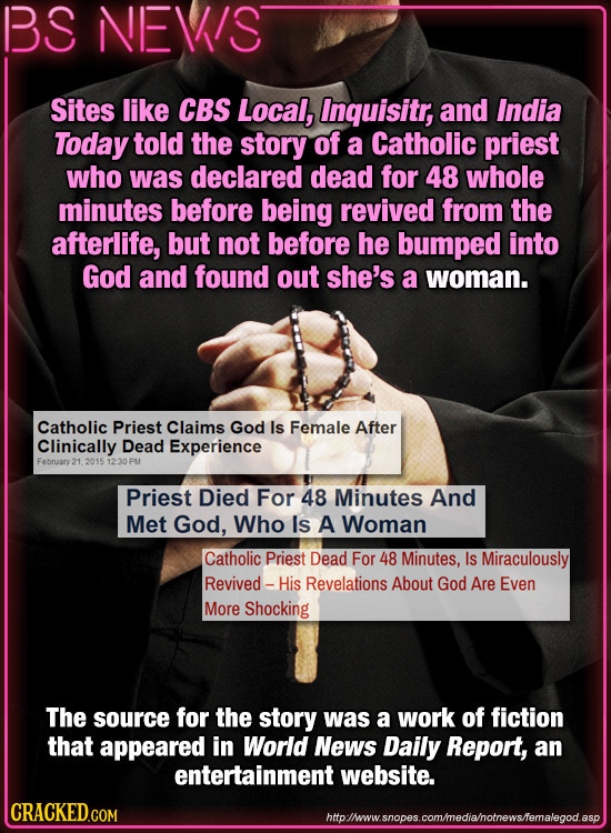 BS NEVIS Sites like CBS Local, Inquisitr, and India Today told the story of a Catholic priest who was declared dead for 48 whole minutes before being