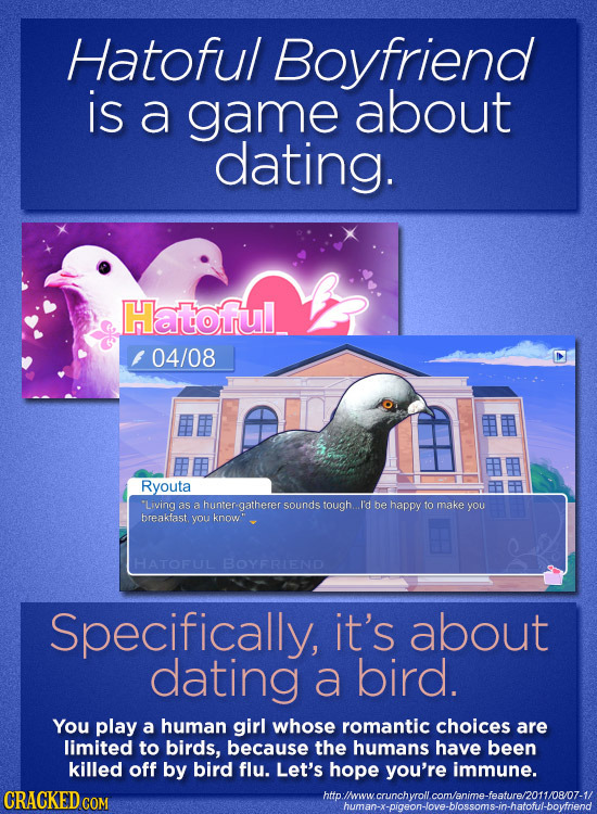 Hatoful Boyfriend is a game about dating. Hatoful f 04/08 Ryouta 'Living as a hunter gatherer sounds tough. I'd be happy to make you breakfast you kno