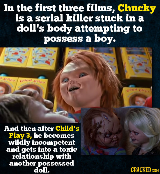 In the first three films, Chucky is a serial killer stuck in a doll's body attempting to POsSess a boy. O OONOES 14941 GO GA And then after Child's Pl