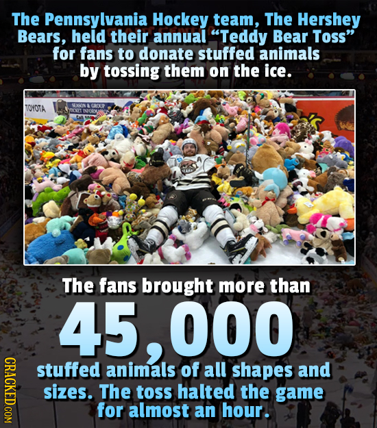 The Pennsylvania Hockey team, The Hershey Bears, held their annual Teddy Bear Toss for fans to donate stuffed animals by tossing them on the ice. TO
