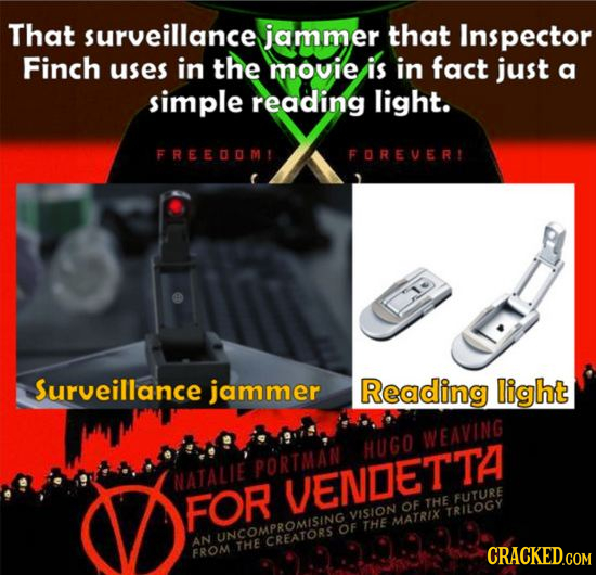 That surveillance jammer that Inspector Finch uses in the movie is in fact just a simple reading light. FREE0OMI FOREVERI Surveillance jammer Reading 