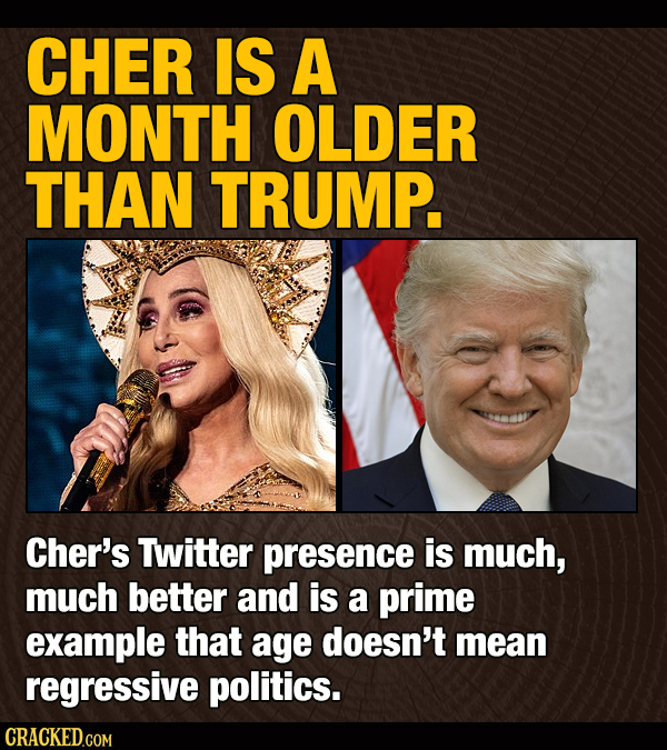 CHER IS A MONTH OLDER THAN TRUMP. Cher's Twitter presence is much, much better and is a prime example that age doesn't mean regressive politics. CRACK