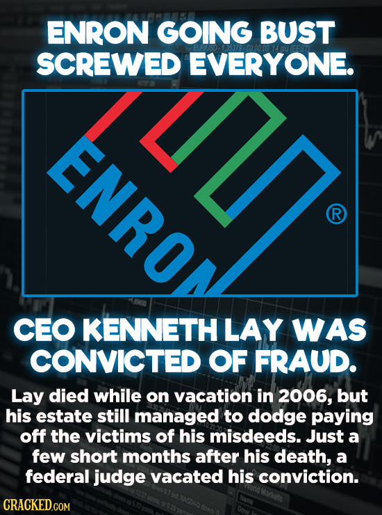 Evil Things Huge Companies Have Done - In 2001, Enron declared bankruptcy suddenly and without notice. This left thousands of employees and investors