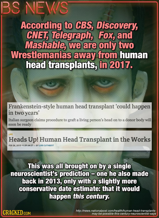 BS NEVIS According to CBS, Discovery, CNET, Telegraph, Fox, and Mashable, we are only two Wrestlemanias away from human head transplants, in 2017. Fra