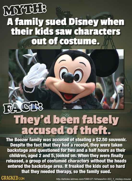 MYTH: A family sued Disney when their kids saw characters out of costume. FAGT8 They'd been falsely accused of theft. The Boozer family was accused of