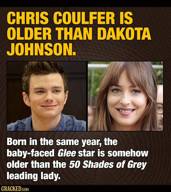 CHRIS COULFER IS OLDER THAN DAKOTA JOHNSON. Born in the same year, the baby-faced Glee star is somehow older than the 50 Shades of Grey leading lady.