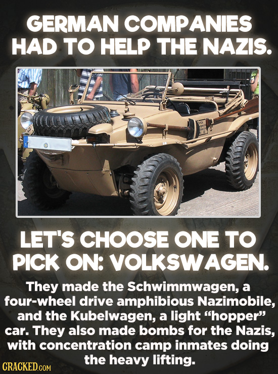 Evil Things Huge Companies Have Done - Volkswagen was a relatively new company when World War II broke out. So maybe that’s why they teamed up with th