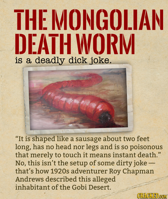 THE MONGOLIAN DEATH WORM is a deadly dick joke. It is shaped like a sausage about two feet long, has no head nor legs and is So poisonous that merely