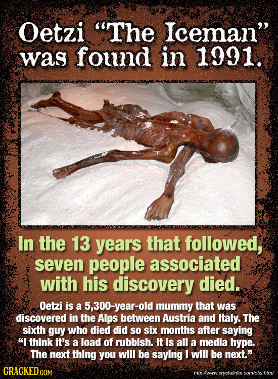 Oetzi The Iceman was found in 1991. In the 13 years that followed, seven people associated with his discovery died. Oetzi is a 5,300-year-old mummy 