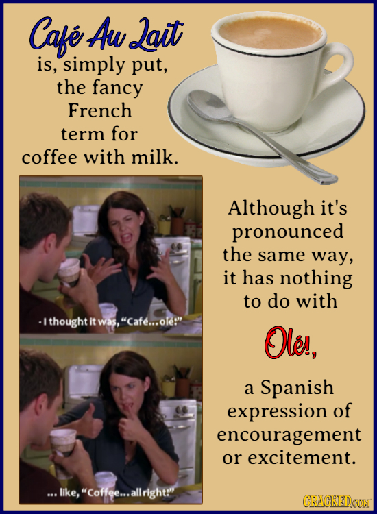 Cafe Aw Lait is, simply put, the fancy French term for coffee with milk. Although it's pronounced the same way, it has nothing to do with -I Ithought