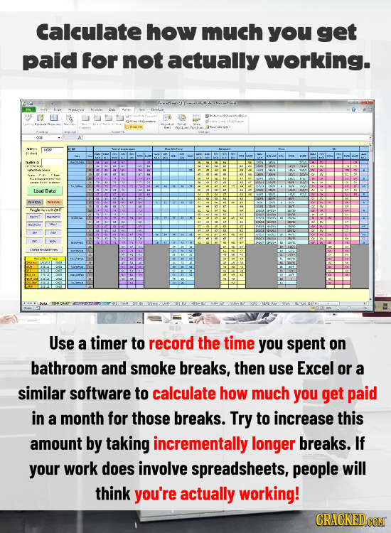 Calculate how much you get paid for not actually working. FEs O A Loa Daa NARE MSCAI Use a timer to record the time you spent on bathroom and smoke br