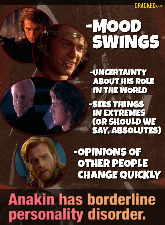 -MOOD SWINGS -UNCERTAINTY ABOUT HIS ROLE IN THE WORLD -SEES THINGS IN EXTREMES (OR SHOULD WE SAY, ABSOLUTES) -OPINIONS OF OTHER PEOPLE CHANGE QUICKLY