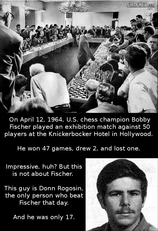 CRACKED Con On April 12, 1964, U.S. chess champion Bobby Fischer played an exhibition match against 50 players at the Knickerbocker Hotel in Hollywood