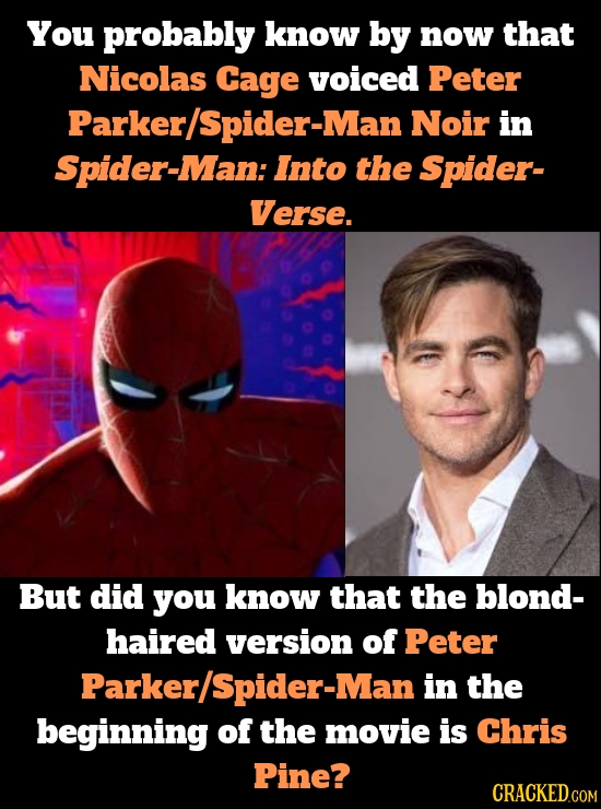You probably know by now that Nicolas Cage voiced Peter Parker/Spider-Man Noir in Spider-Man: Into the Spider- Verse. But did you know that the blond- haired version of Peter Parker/Spider-Man in the beginning of the movie is Chris Pine?