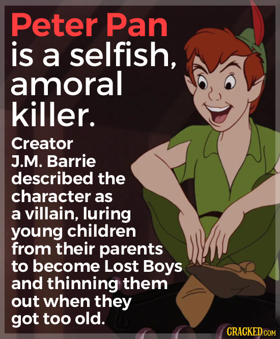 Peter Pan is a selfish, amoral killer. Creator J.M. Barrie described the character as a villain, luring young children from their parents to become Lo
