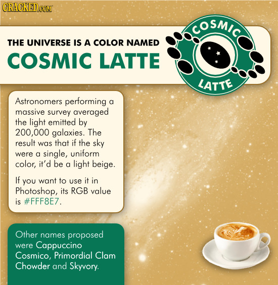 COSMIC THE UNIVERSE IS A COLOR NAMED COSMIC LATTE LATTE Astronomers performing a massive survey averaged the light emitted by 200,000 galaxies. The re