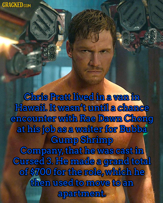 CRACKEDC COM Chris Pratt lived in a van in Hawaii. It wasn't until a chance encounter with Rae Dawn Chong at his job as a waiter for Bubba Gump Shrimp