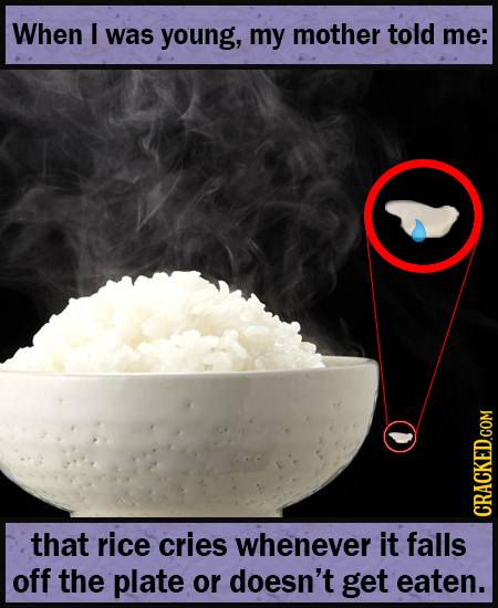 When I was young, my mother told me: that rice cries CRACKED COM whenever it falls off the plate or doesn't get eaten.