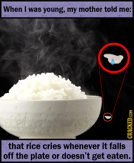 When I was young, my mother told me: that rice cries CRACKED COM whenever it falls off the plate or doesn't get eaten. 