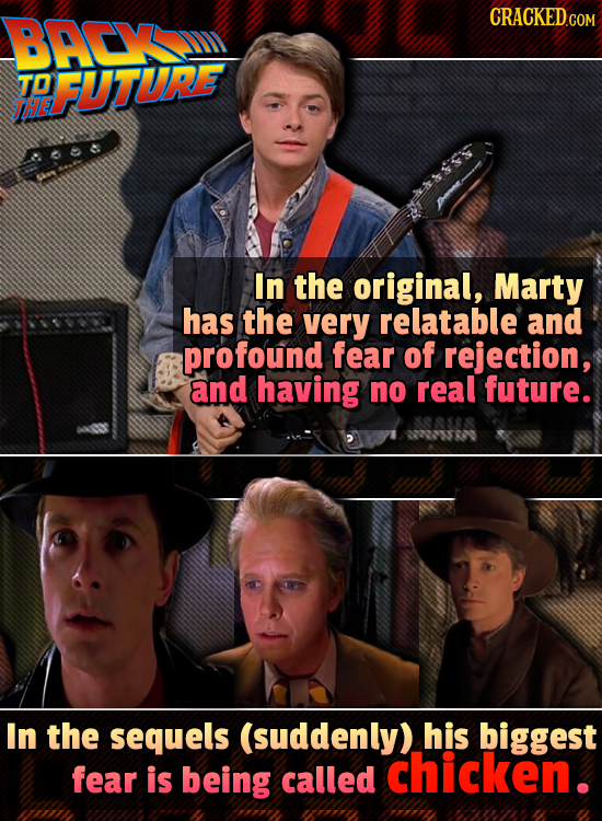 BACV TO FUTURE THE In the original, Marty has the very relatable and profound fear of rejection, and having no real future. In the sequels (suddenly)