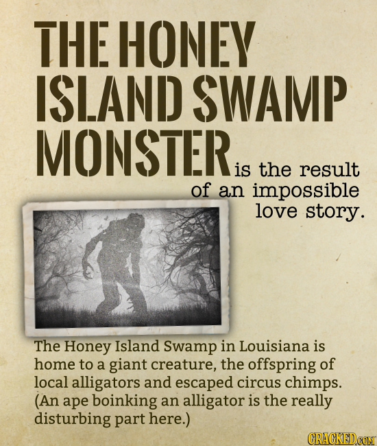 THE HONEY ISLAND SWAMP MONSTER is the result of an impossible love story. The Honey Island Swamp in Louisiana is home to a giant creature, the offspri
