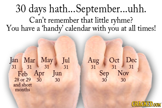 30 days hath... September...l uhh. Can't remember that little ryhme? You have 'handy calendar with all a you at times! Jan Mar May Jul Aug Oct Dec 31