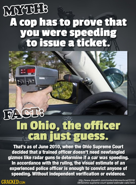 MYTH: A cop has to prove that you were speeding to issue a ticket. E FACT8 In Ohio, the officer can just guess. That's as of June 2010, when the Ohio 