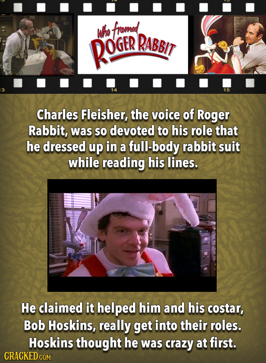 whe fromod ROGEP RABBIT 3 14 15 Charles Fleisher, the voice of Roger Rabbit, was SO devoted to his role that he dressed up in a full-body rabbit suit 